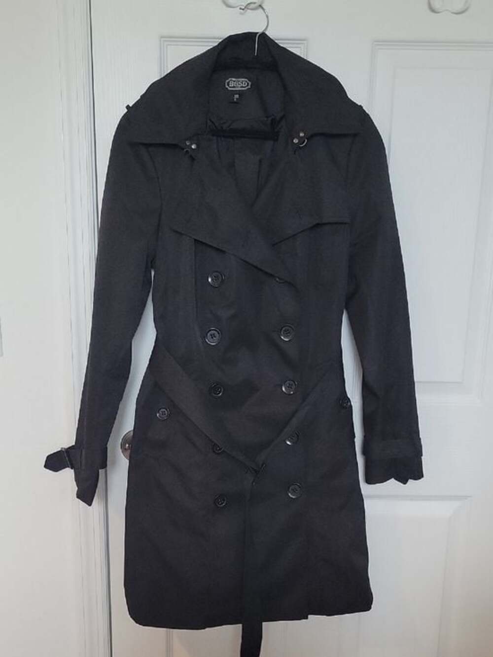 BGSD Black Hooded Trench Coat Large Belted Double Breasted